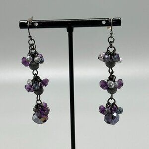 3/$30 Purple Glass Bead Cluster Earrings Gunmetal Tone Dangle Drop Pierced 2"